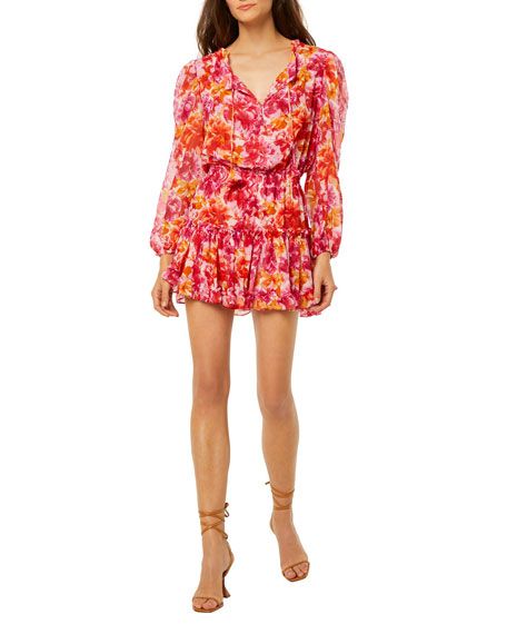 MISA Los Angeles Clementine Floral Split-Tie  Mini Dress | Neiman Marcus