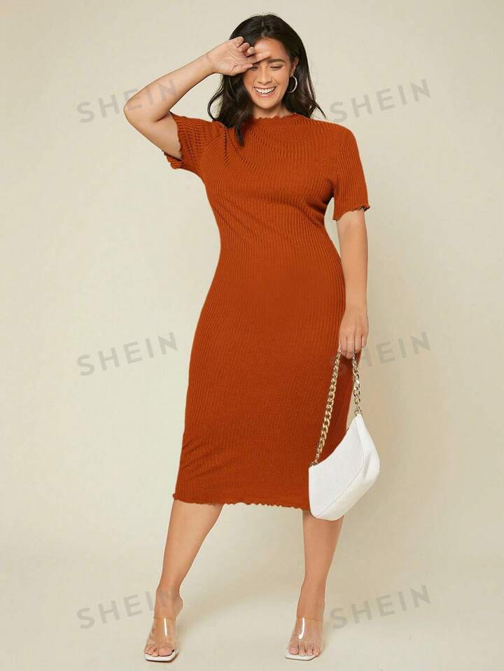 SHEIN BASICS Plus Lettuce Trim Ribbed Knit Bodycon Dress | SHEIN