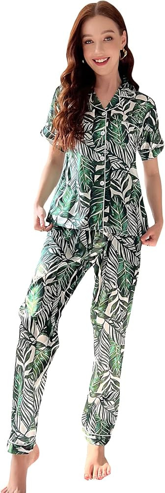 Women's 2 Piece Sleepwear Striped Satin Short Sleeve Shirt and Pants Pajama Set | Amazon (US)