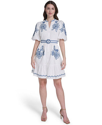Eliza J Women's Mandarin Collar Belted Shirt-Dress - Macy's | Macy's