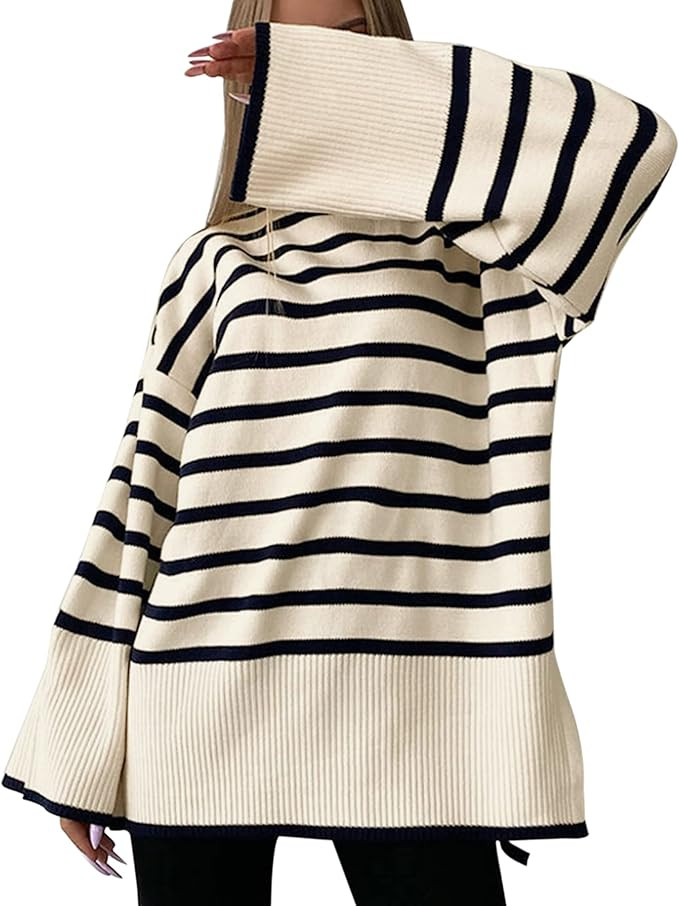 MISSACTIVER Women’s Striped Turtleneck Split Side Oversized Knit Jumper Casual Drop Shoulder Lo... | Amazon (US)