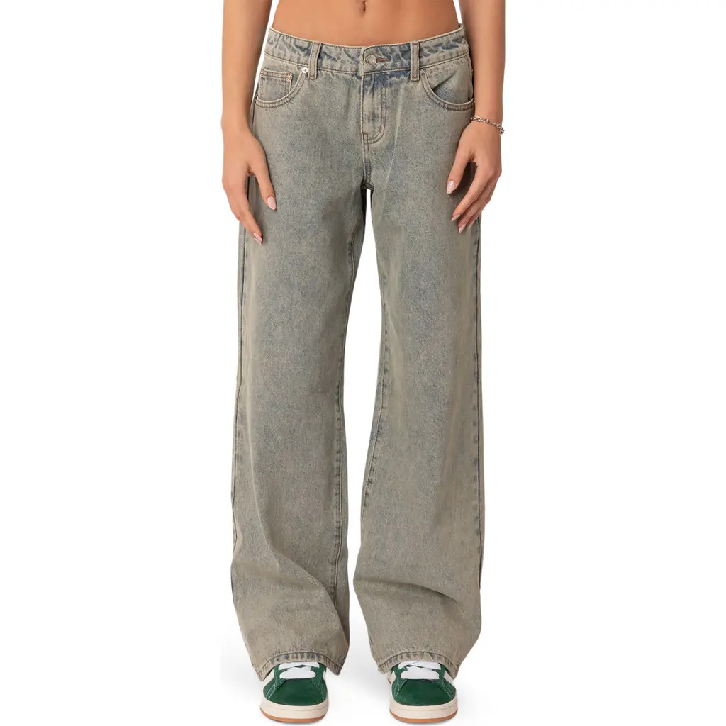 EDIKTED Magda Acid Wash Low Rise Jeans in Blue at Nordstrom, Size X-Large | Nordstrom