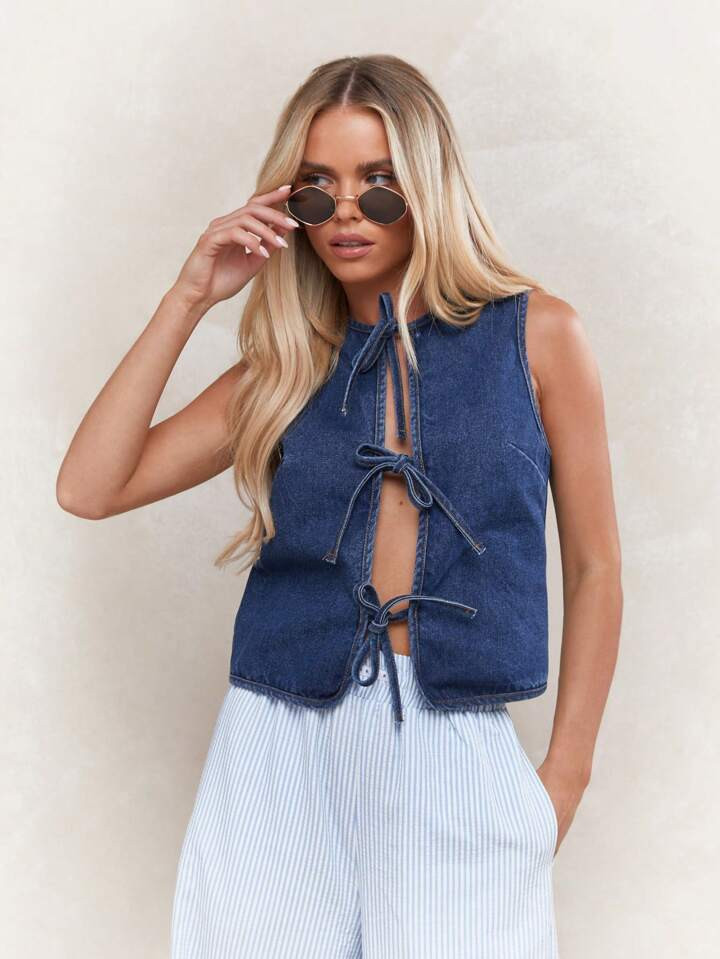 MISSGUIDED Tie Detail Open Front Sleeveless Denim Top | SHEIN