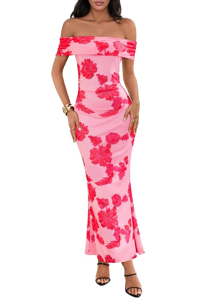 MEROKEETY Women's Summer Off Shoulder Floral Maxi Dress 2025 Formal Wedding Guest Cocktail Bodyco... | Amazon (US)