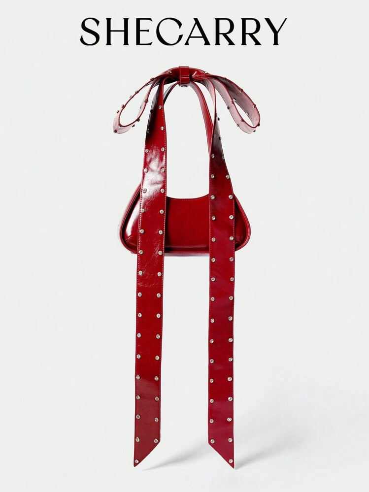 SHECARRY Bow Decor Shoulder Bag, PU Leather, Solid Color With Rivet Valentines | SHEIN