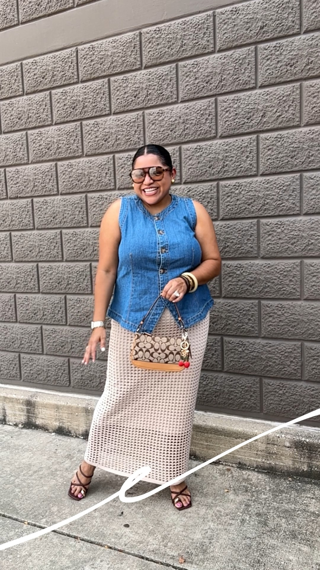 Experimentingwithdecor went on a lunch date with a denim vest, tan skirt, brown heels and coach bag! 

Bust: 36DDD
Size: L
Wearing an XXL in the vest

#LTKWorkwear #LTKMidsize #LTKPetite