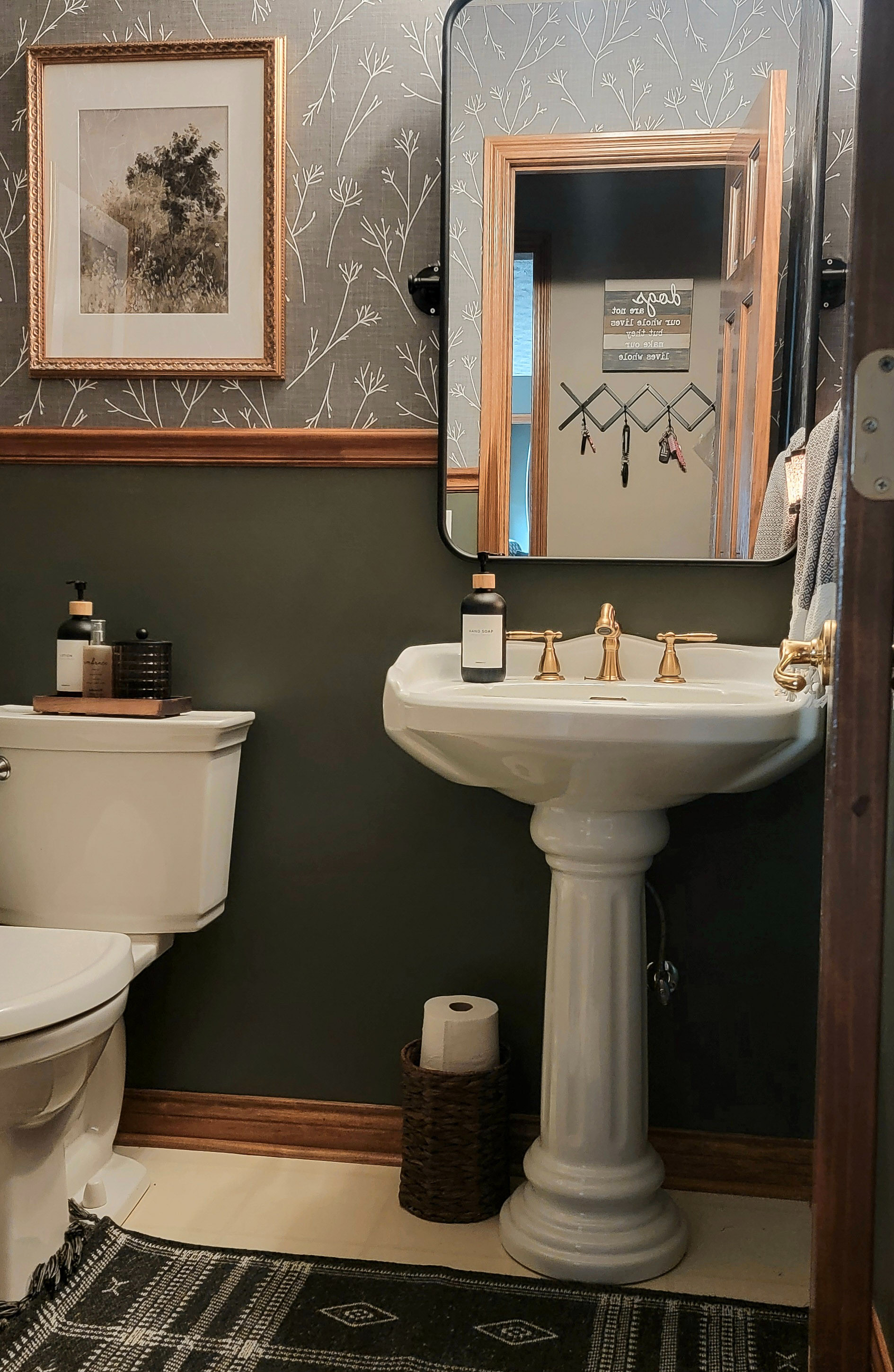 Vintage inspired, dark and moody, small bathroom remodel, featuring the perfect green paint color and wallpaper. Redo a small space with Amazon! 

 #LTKHome #LTKFindsUnder50 #LTKFindsUnder100