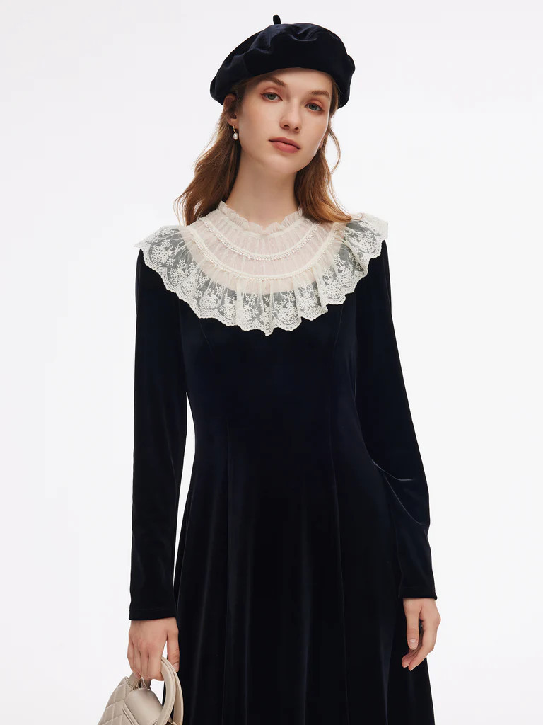 Velvet Sheer Lace Collar Women Midi Dress With Beret | GOELIA