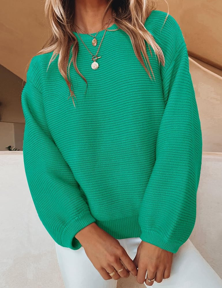 ZESICA Women's 2024 Crew Neck Long Lantern Sleeve Casual Loose Ribbed Knit Solid Soft Pullover Sw... | Amazon (US)