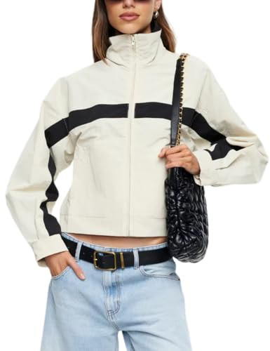Lviefent Womens Cropped Jacket Color Block Stand Collar Windbreaker(Beige-L) | Amazon (US)