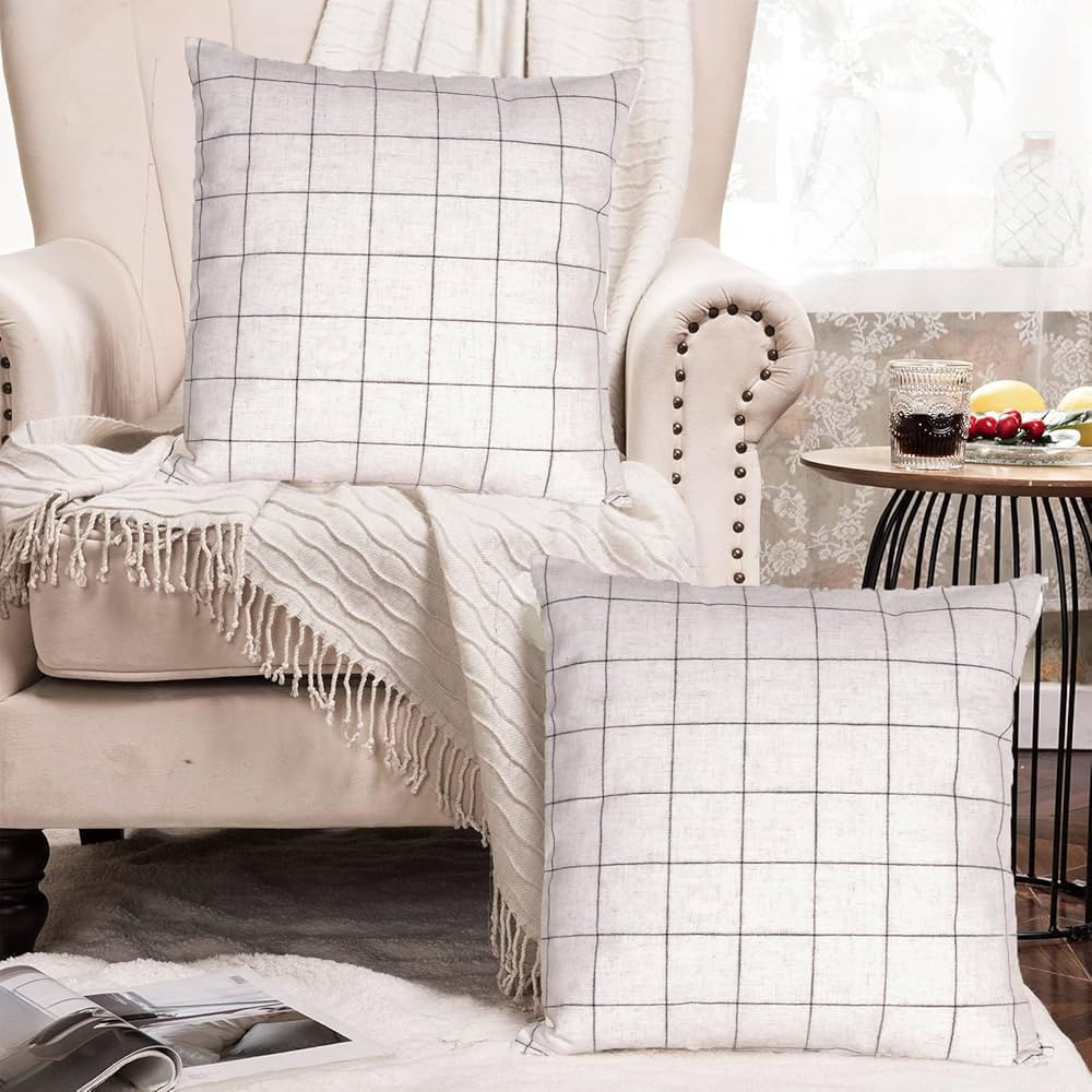 Basic Model Set of 2 Plaid Throw Pillow Covers Modern Farmhouse Decorative Square Linen Pillow Ca... | Amazon (US)