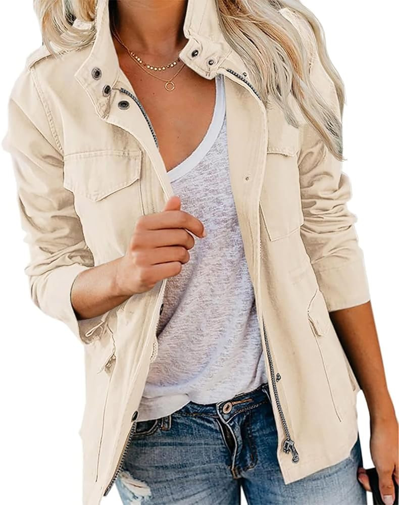 Pepochic Womens Military Jacket Zip Up Snap Buttons Lightweight Utility Anorak Field Safari Coat ... | Amazon (US)