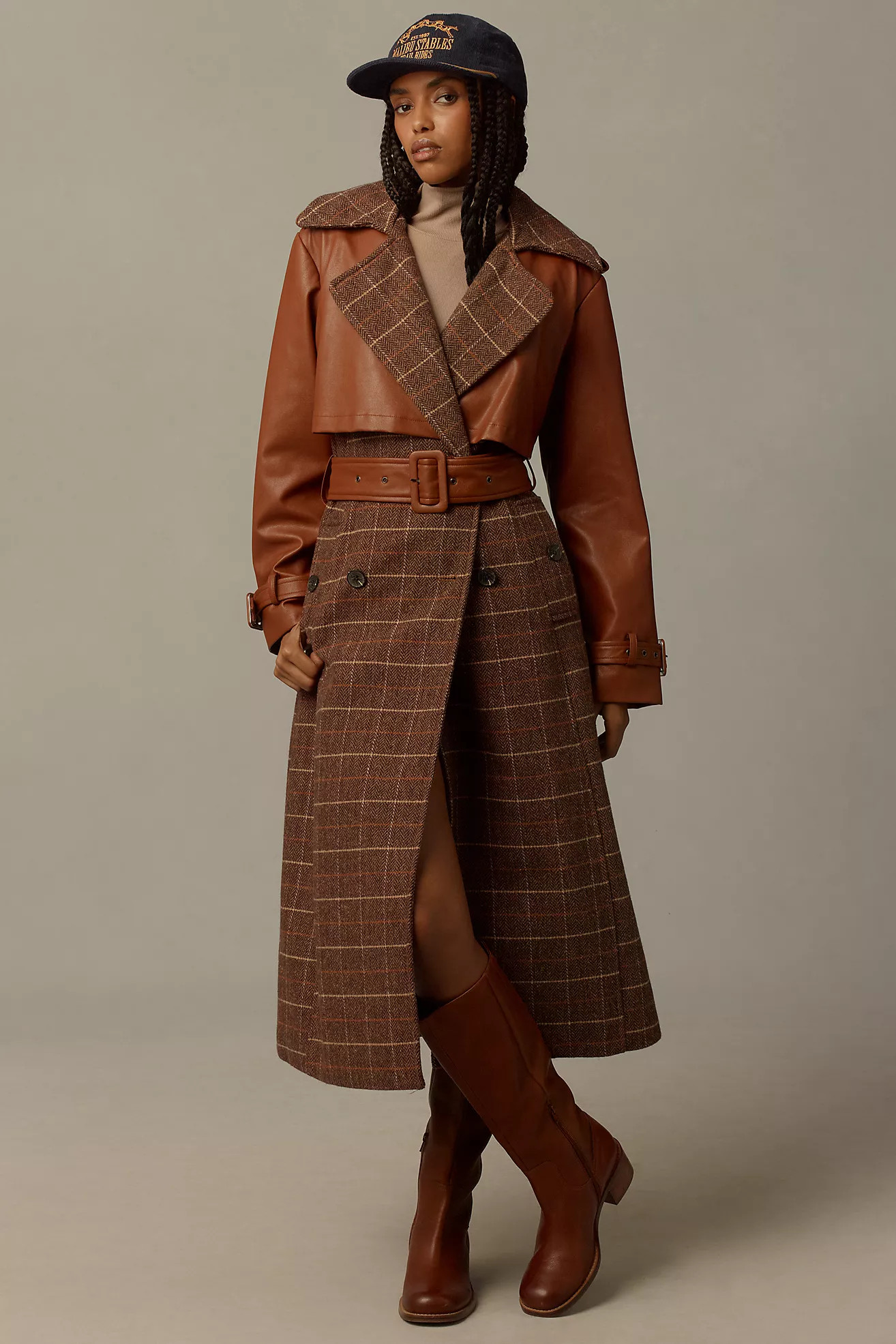 Avec Les Filles Plaid Faux-Leather Belted Trench Coat | Anthropologie (US)