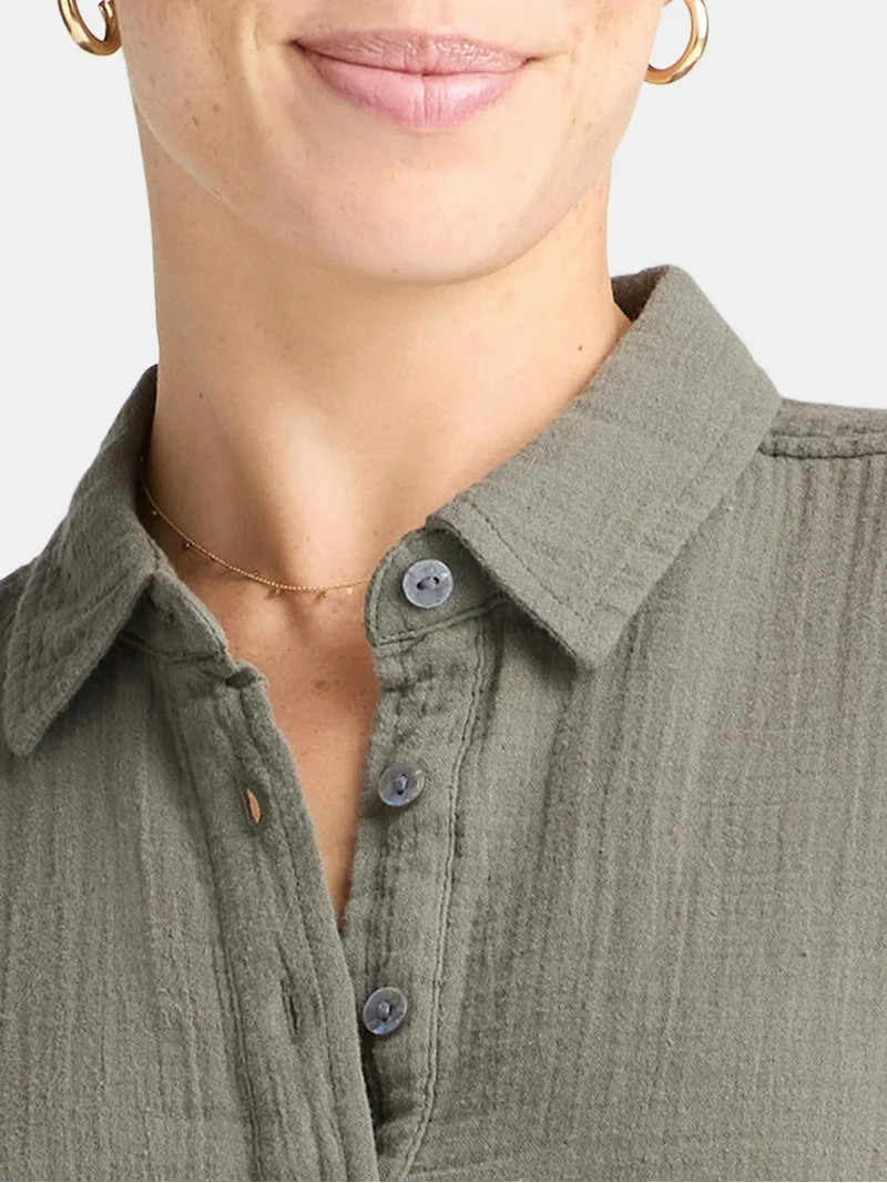 Time and Tru Women's Cotton Double Cloth Cropped Shirt, Size XS-XXXL | Walmart (US)