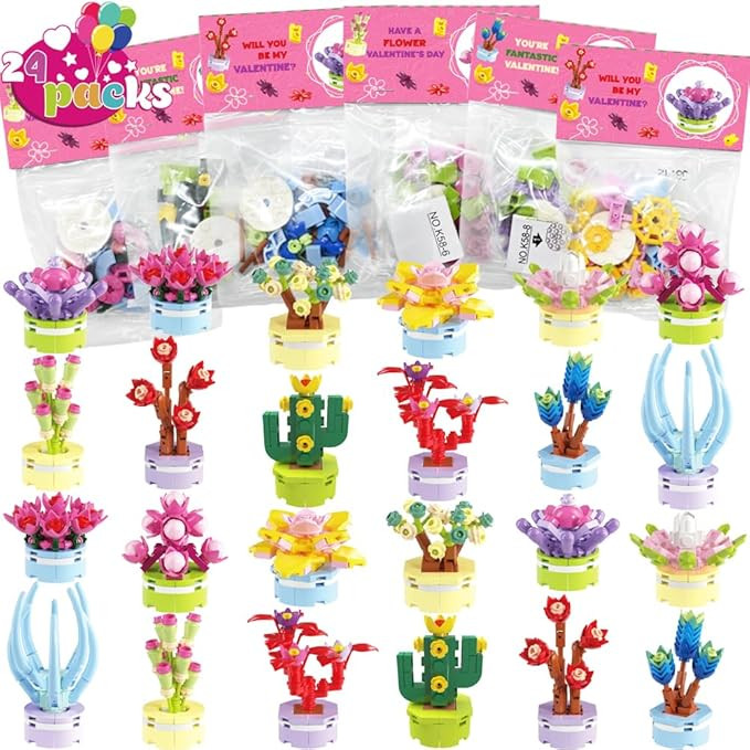 WODMAZ Valentines Day Cards with Plant Building Blocks, 24 Packs Succulents Flower Toys Valentine... | Amazon (US)