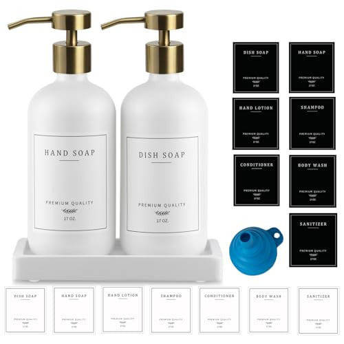 Soap Dispenser Bathroom - Dish and Hand Soap Dispenser Set, Glass Soap Dispenser with Pump, Dish Soap Dispenser for Kitchen with Tray, 14 Waterproof Labels, Set of 2 White Bottle/Gold Pump-pd | Amazon (US)