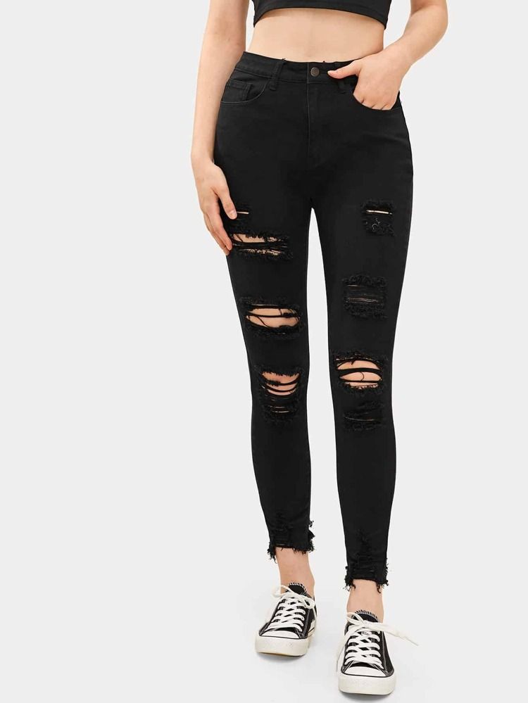 Solid Ripped Raw Hem Jeans | SHEIN