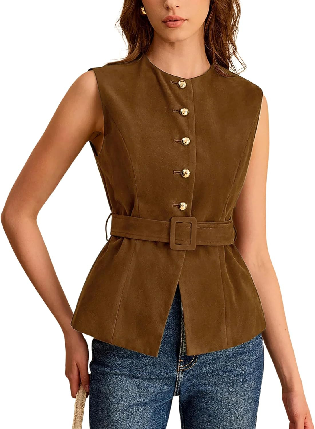 Lentta Womens Suede Vest Crew Neck Sleeveless Button Down Dressy Suit Waistcoat with Belt(Brown-S) | Amazon (US)