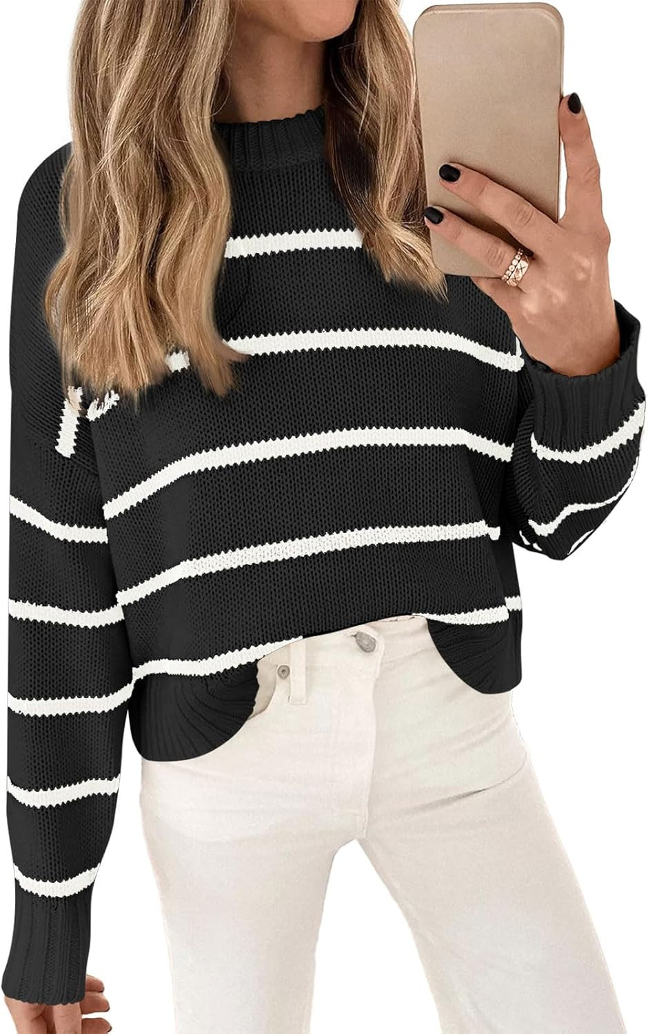 LILLUSORY Womens Striped Sweater Pullover Crewneck Knit Long Sleeve Cable Knitted Sweaters | Amazon (US)