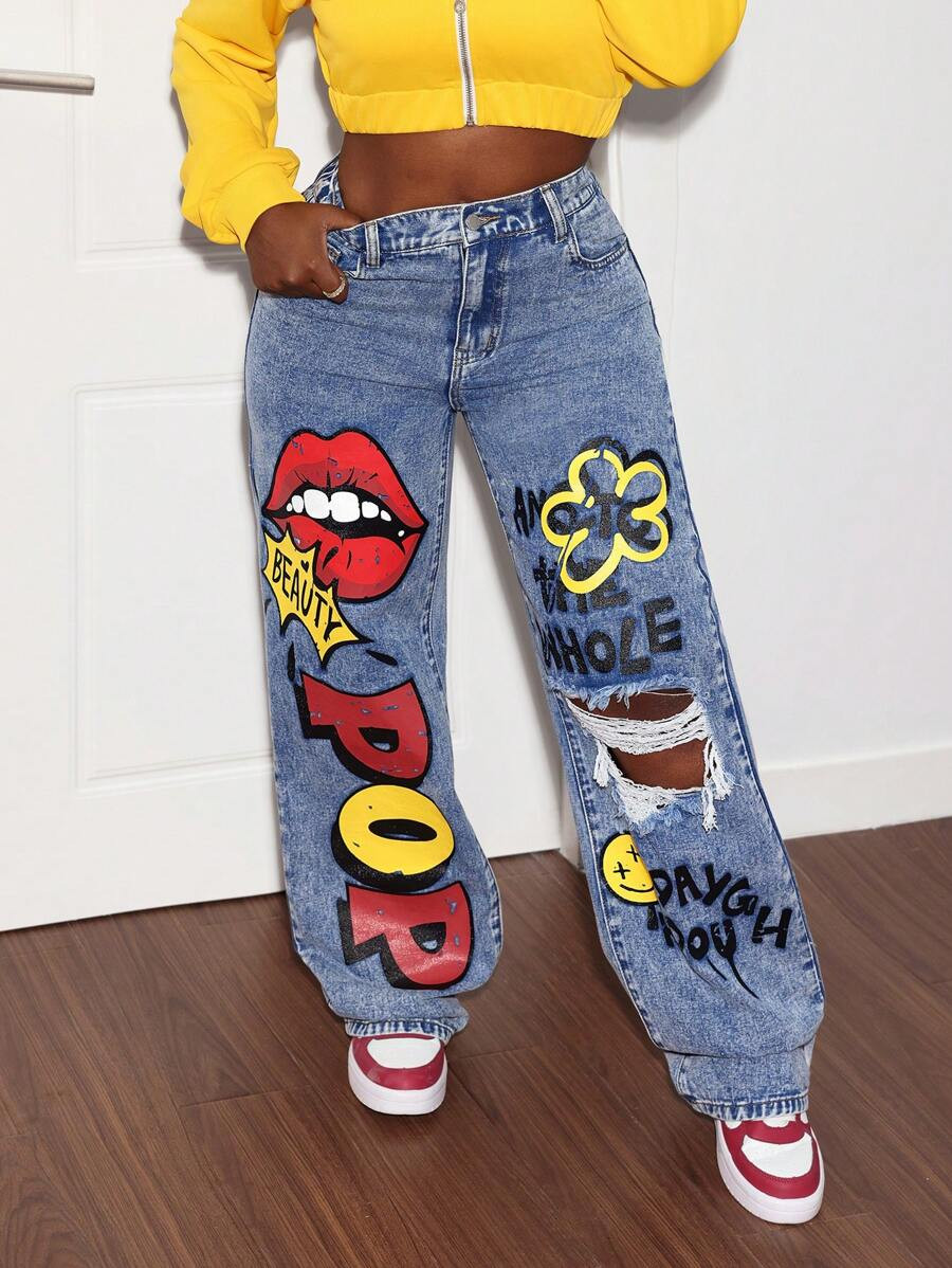 Slaydiva Women's Jeans Graffiti Straight Legs Y2k Jeans Street Fashion Denim Jeans Low Rise Baggy... | SHEIN