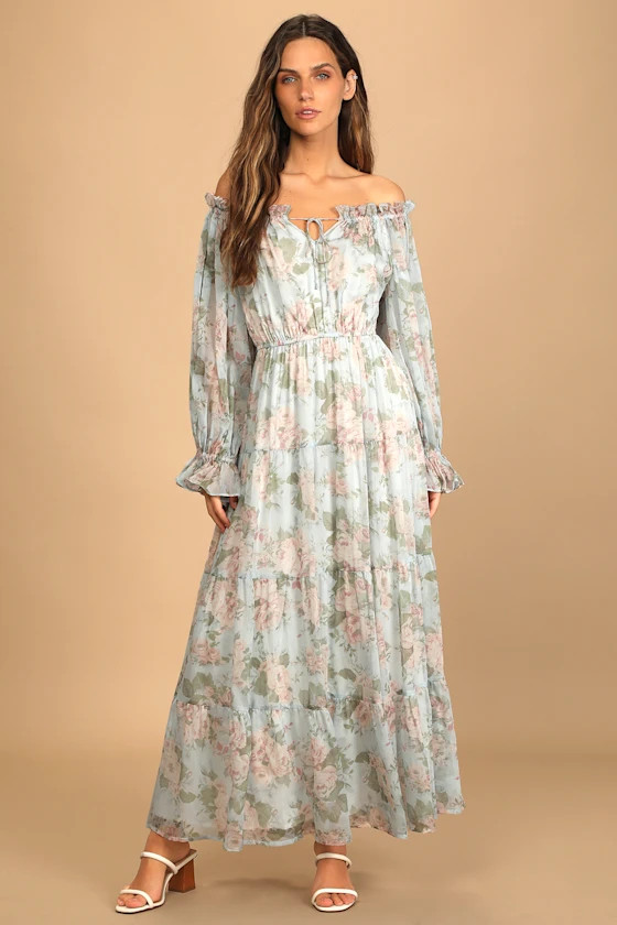 Perfectly Blissful Light Blue Floral Off-the-Shoulder Maxi Dress | Lulus (US)