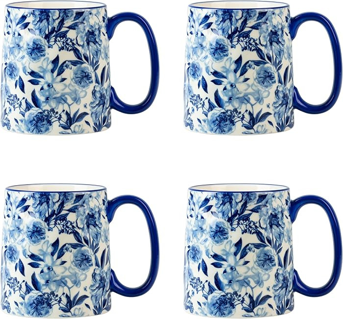 10 Strawberry Street Bella Mug, Blue & White Peonies, Set of 4 | Amazon (US)