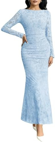 MITILLY Women's Formal Long Sleeve Dress Fall Elegant Floral Bodycon Ruched Cocktail Party Maxi D... | Amazon (US)