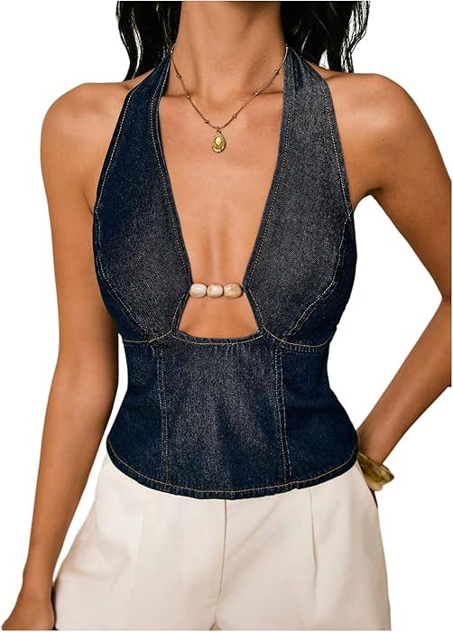 SHENHE Women's Denim Halter Top Beaded Deep V Neck Backless Y2k Dressy Going Out Jean Top | Amazon (US)