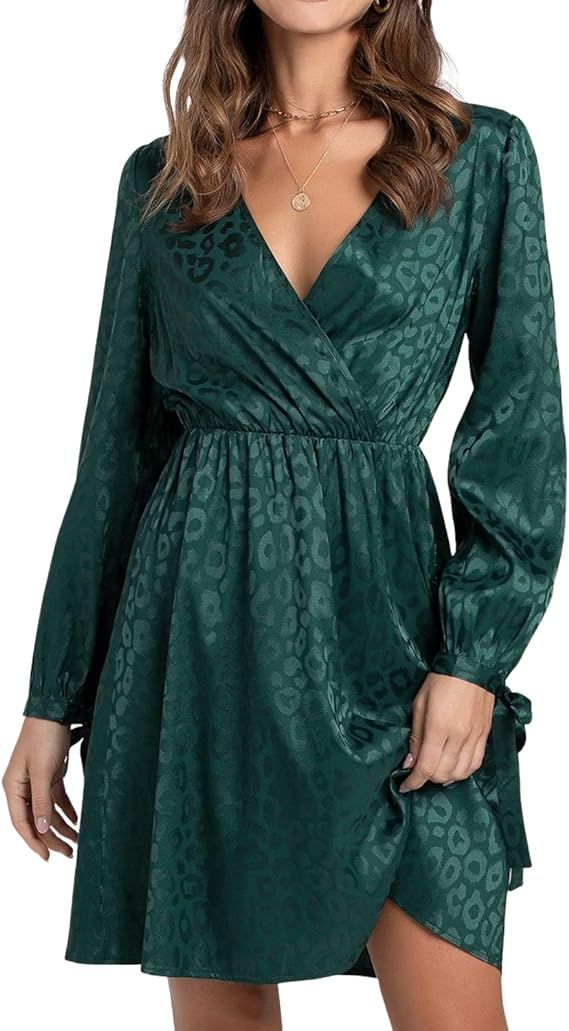 BebreezChic Women Mini Satin Dresses with Long Sleeve Dresses Casual Deep V Neck Ladies Dress Sil... | Amazon (US)