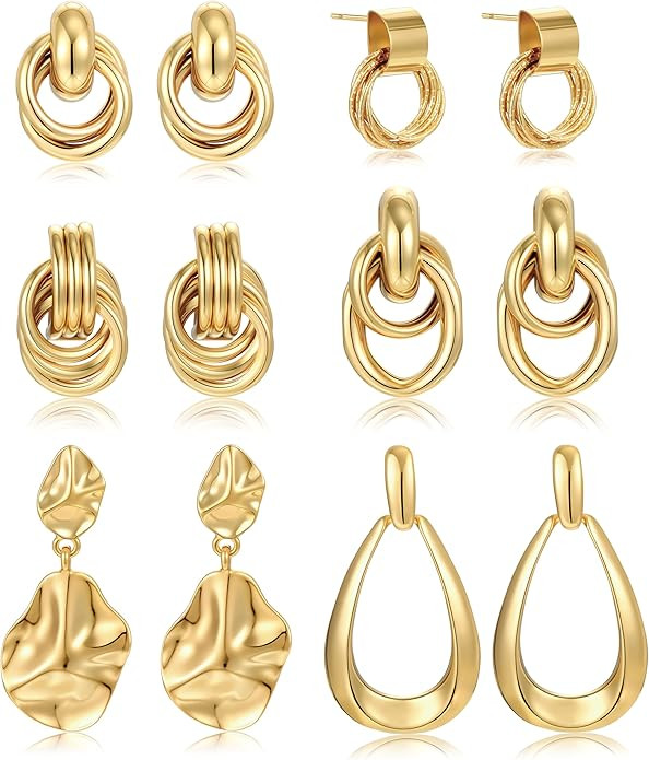 6 Pairs Chunky Gold Earrings for Women Gold Plated Knot Earrings Trendy Statement Drop Dangle Tea... | Amazon (US)