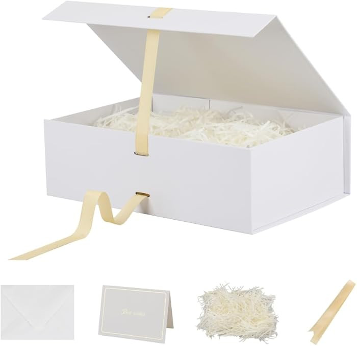 Skivra Large White Gift Box with Ribbon - 1 Pack, 13x9x4 Inch Rectangle Collapsible Luxury Box wi... | Amazon (US)