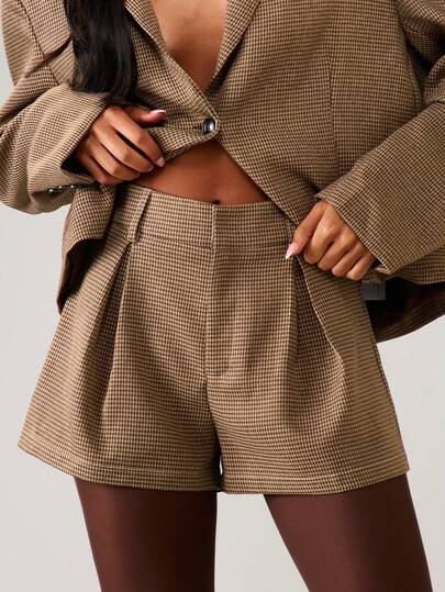 MISSGUIDED Tweed High Waist Pleated Wide Leg Mini Shorts Winter Fall Business Professional Office Wear | SHEIN