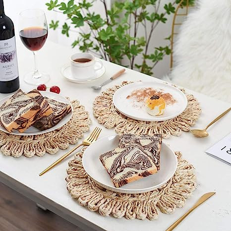 IcosaMro Round Woven Placemats for Dining Table Set of 6, 11 Inch Small Boho Placemats Natural Br... | Amazon (US)