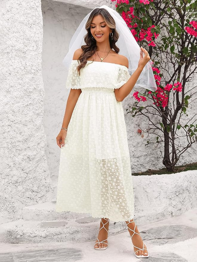 Atnlewhi Womens Lace Floral Off The Shoulder Ruffle Wedding Guest Maxi Dresses for Party Cocktail | Amazon (US)