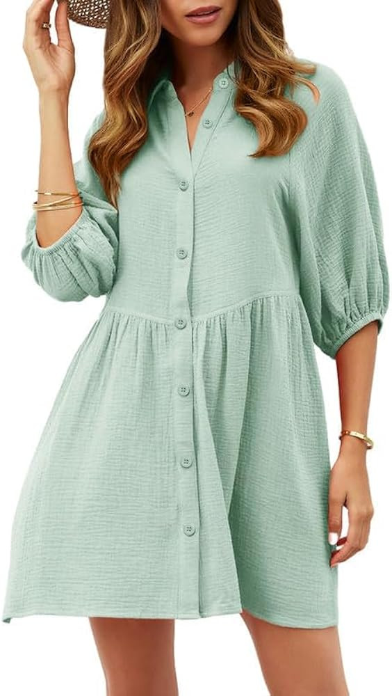 Dokotoo Women's Summer Dress V Neck 3/4 Puff Sleeve Button Down Cotton Shirts Dresses | Amazon (US)