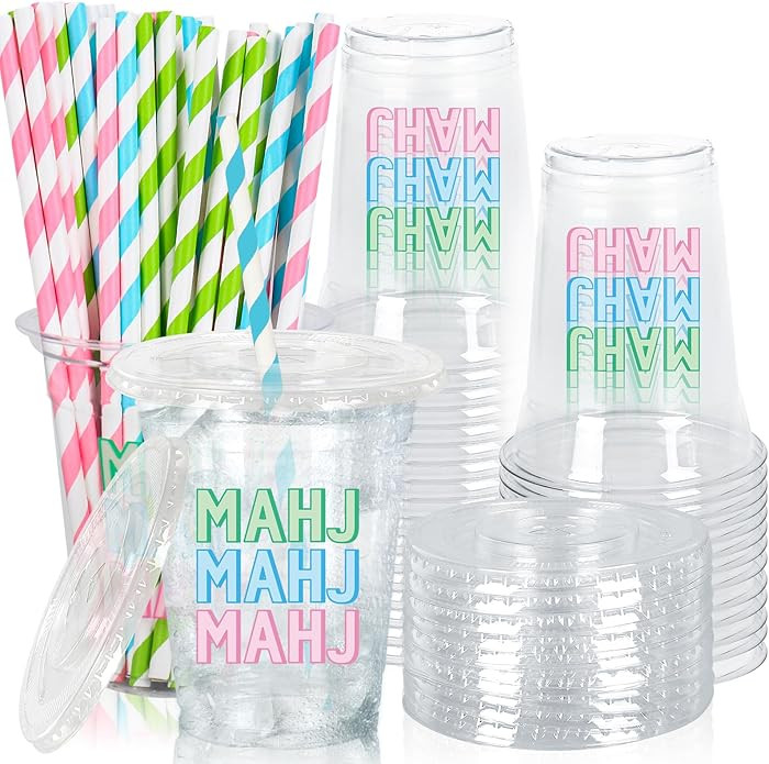 JarThenaAMCS 50Pcs Mahjong Plastic Cups with Lids Straws Drinking Cup 12oz Green Blue Pink Mahj D... | Amazon (US)