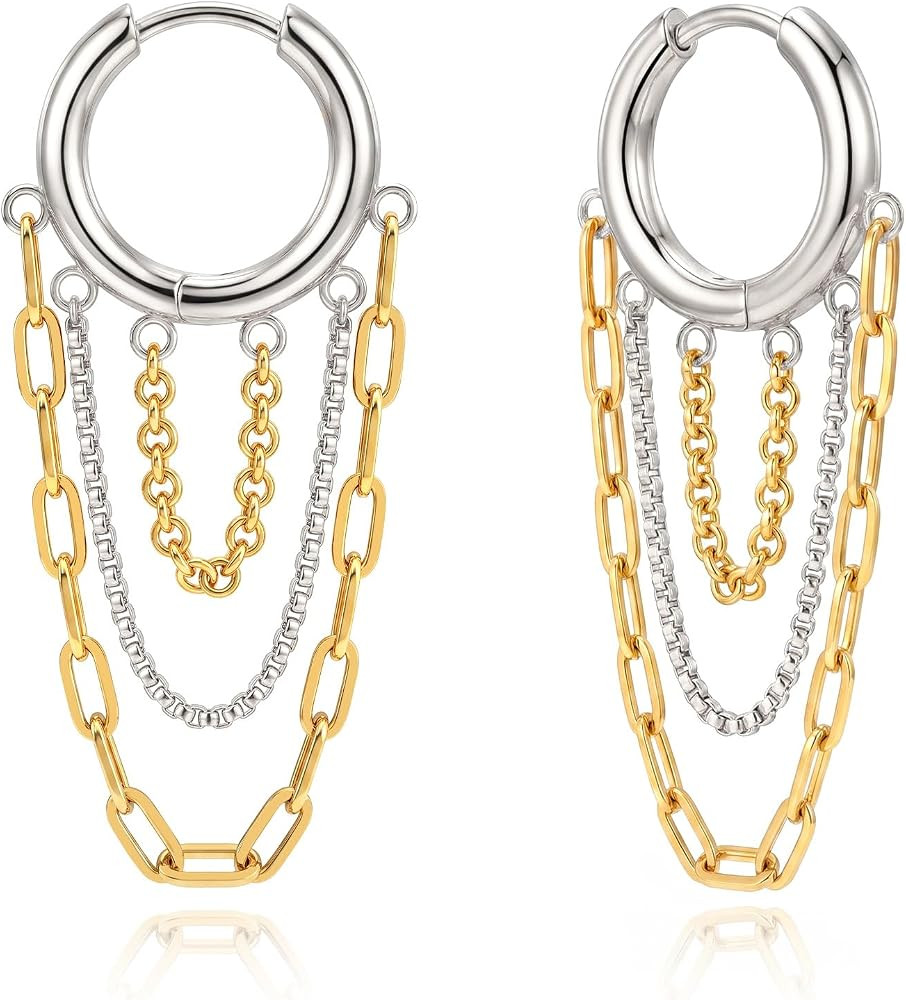 Dangle Hoop Earrings for Women, 14K Gold/Two-Tone Plated Long Tassel Chain Drop Earrings, Trendy ... | Amazon (US)