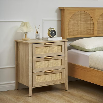 Rattan Nightstand, Nightstand with 3 Natural Rattan Drawers, Bedside Table with Sturdy Wood Legs, Modern Side Table with Storage Drawers | Target