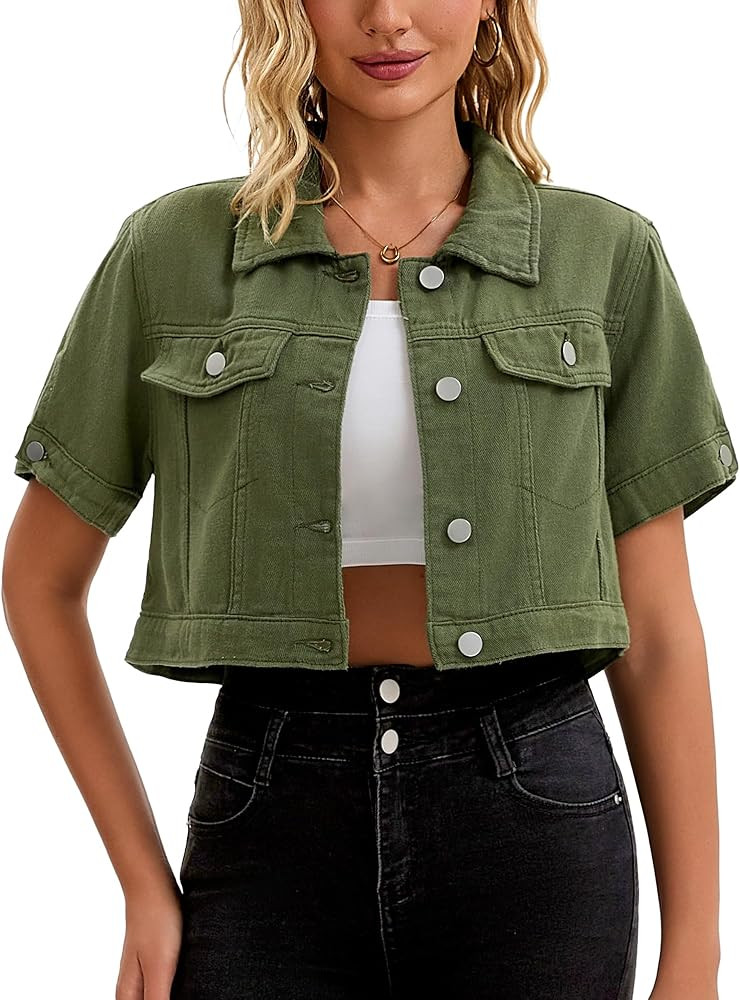 Women's Short Sleeve Denim Jacket Button Down Classic Casual Cropped Jean Jacket | Amazon (US)