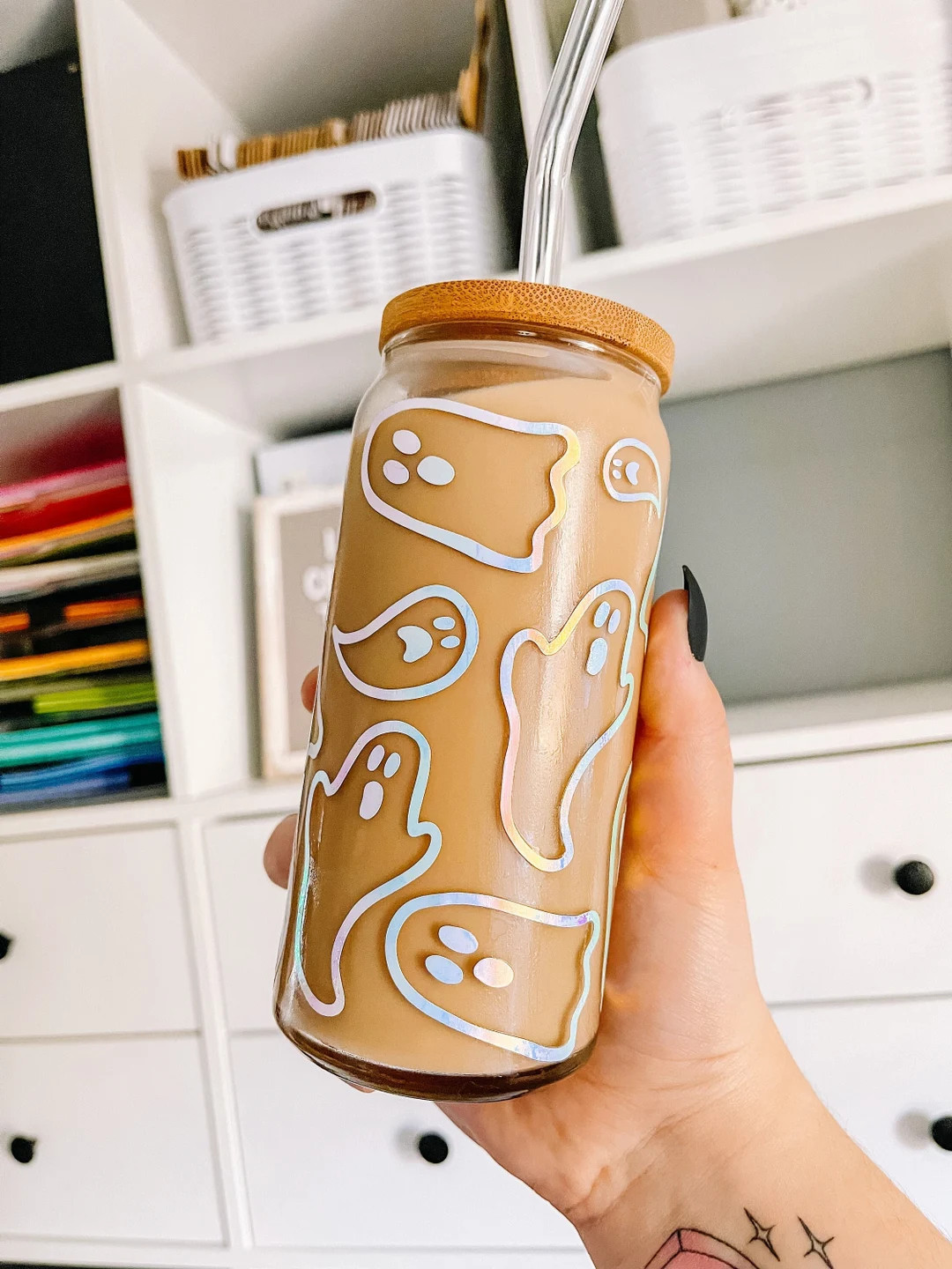 Ghost Coffee Can Glass Halloween Glass Can Iced Coffee - Etsy | Etsy (US)