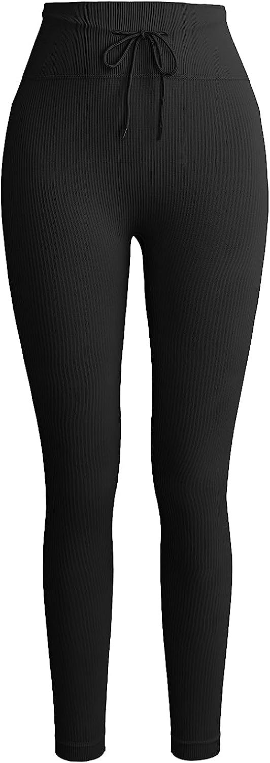 QINSEN Workout Sets for Women 2 Piece Seamless Long Sleeve Crop Tops Ribbed High Waist Leggings | Amazon (US)