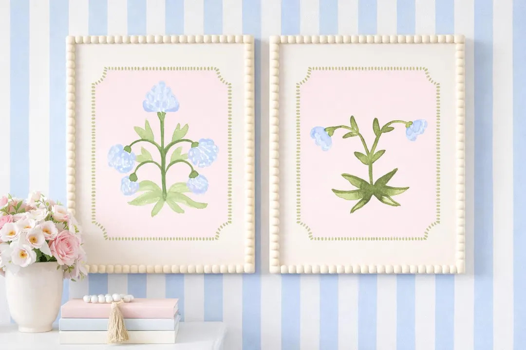 Set of 2 Striped Botanical Wall Art Prints, Grandmillennial Green and Pink Floral Prints, Vintage... | Etsy (Global)