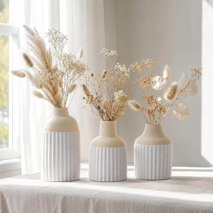 Amazon.com: Beige Decorative Vase Set of 3 - Modern Boho Style Ribbed Ceramic Bud Vases for Flowe... | Amazon (US)
