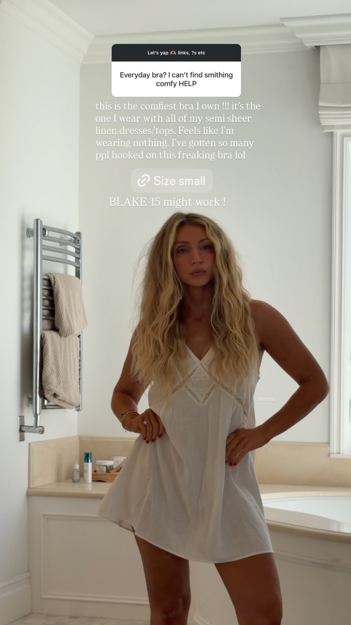 this is the comfiest bra I own !!! it’s the one I wear with all of my semi sheer linen dresses/tops. Feels like I’m wearing nothing. I’ve gotten so many ppl hooked on this freaking bra lol BLAKE-15 might work ! @joineby