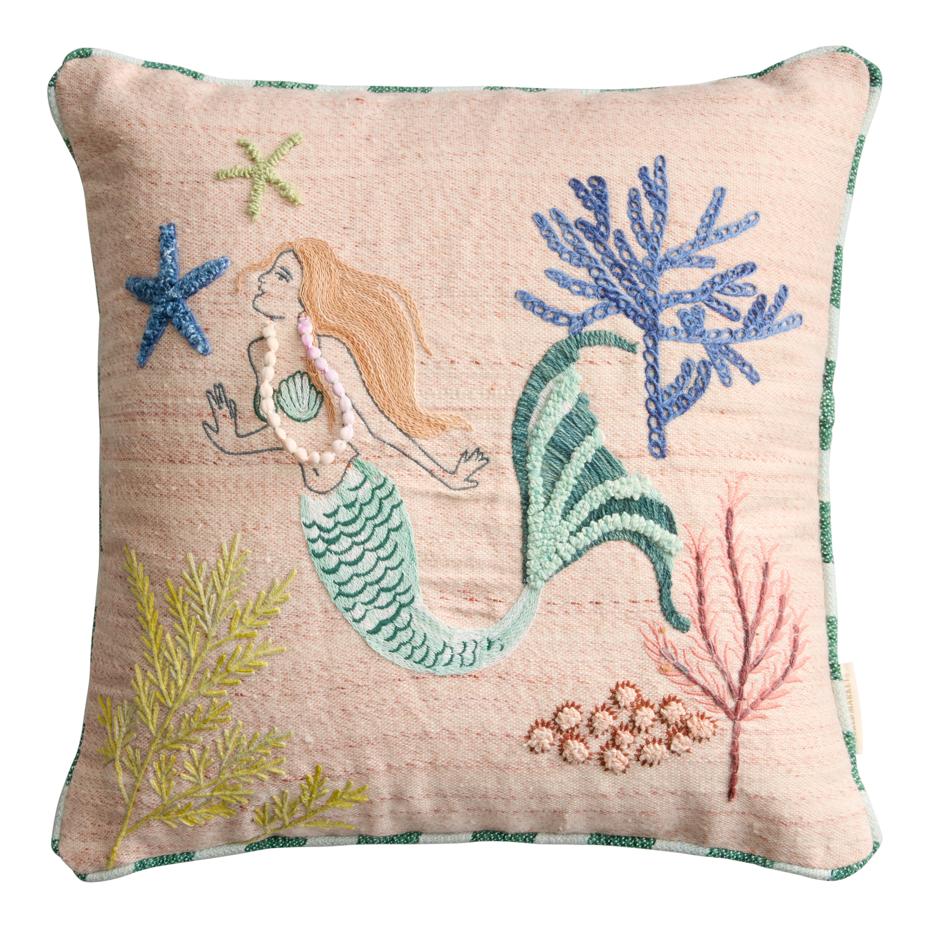 Pink Mermaid Embroidered Indoor Outdoor Throw Pillow | World Market