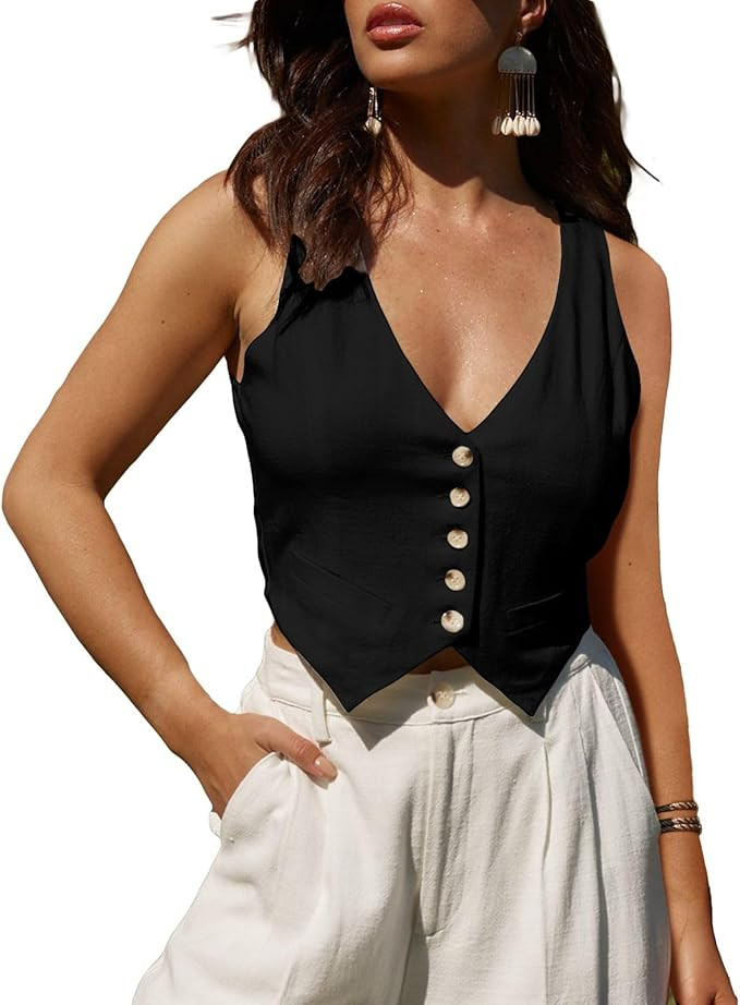 Summer Linen Vest Women 2024 Sleeveless Lightweight V Neck Cropped Casual Office Corset Top Blaze... | Amazon (US)