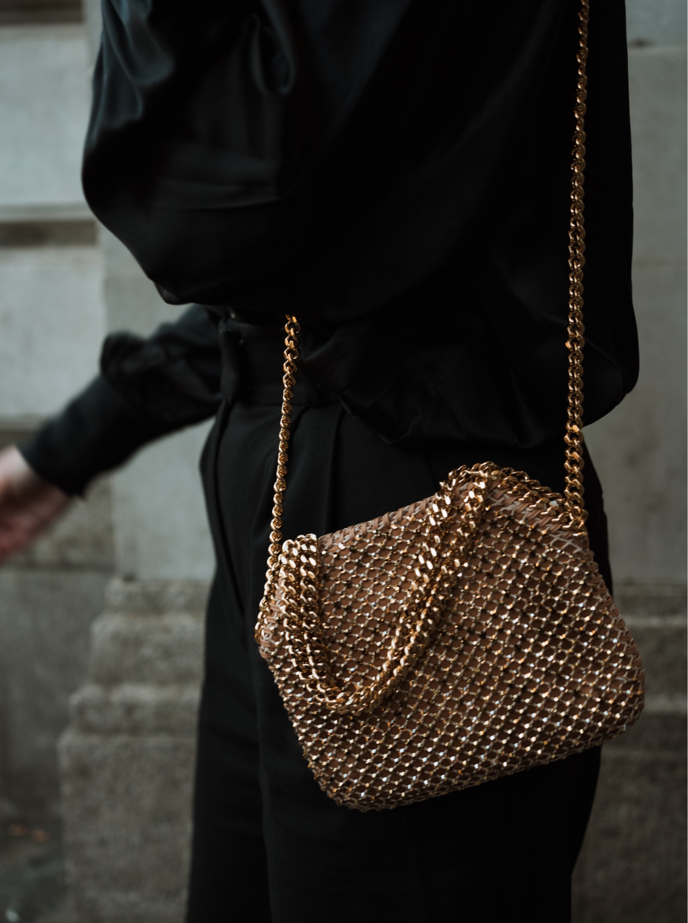 Women Black Falabella Mini Velvet and Crystal Chain Shoulder Bag