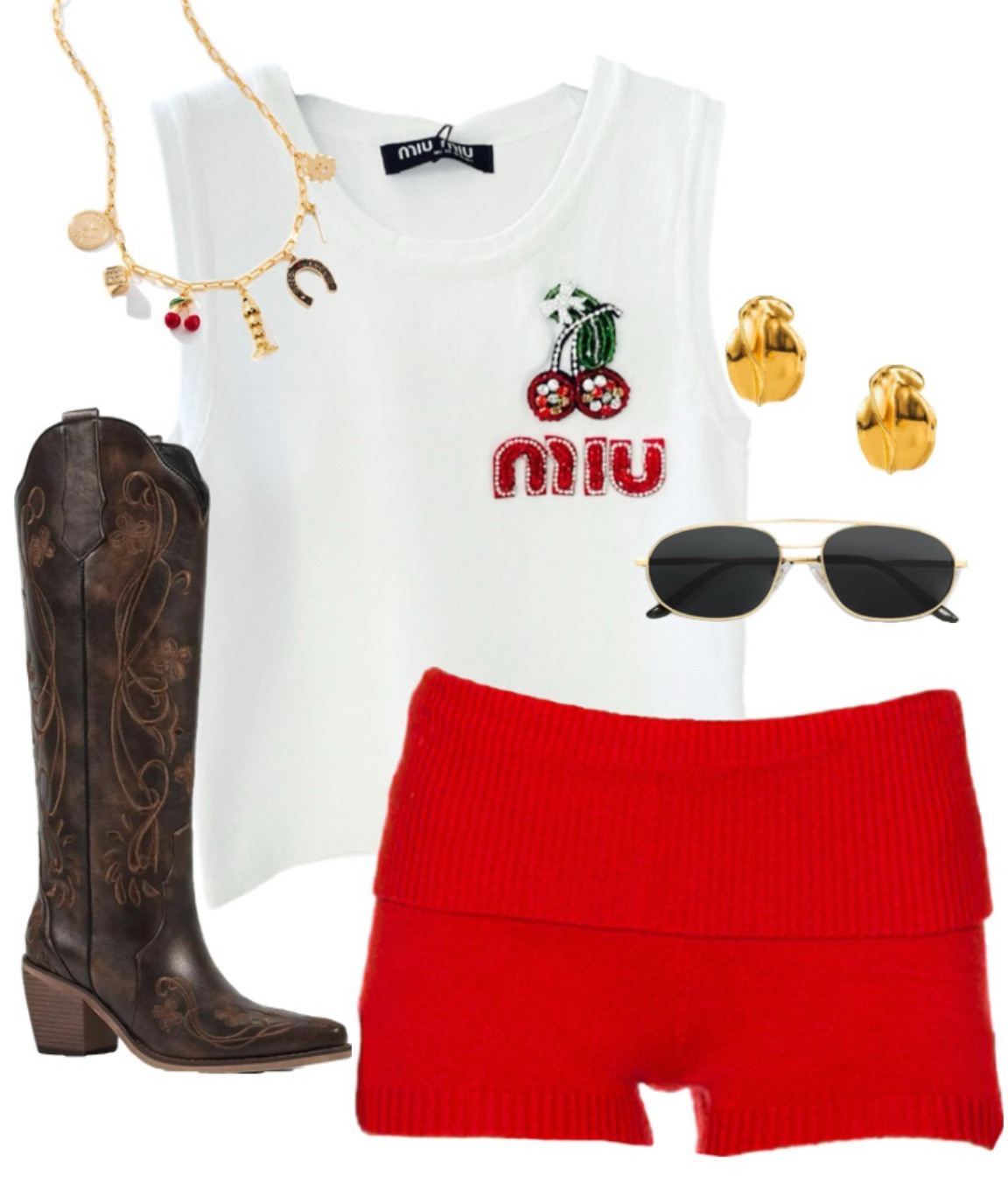 Country concert outfit inspo 🍒 Perfect for Nashville trips, rodeos, and cook-offs! This Miu Miu cherry tank, red shorts, and cowboy boots create the ultimate Western-chic look. Shop now for trendy and affordable country style

#LTKSeasonal #LTKStyleTip #LTKFindsUnder100