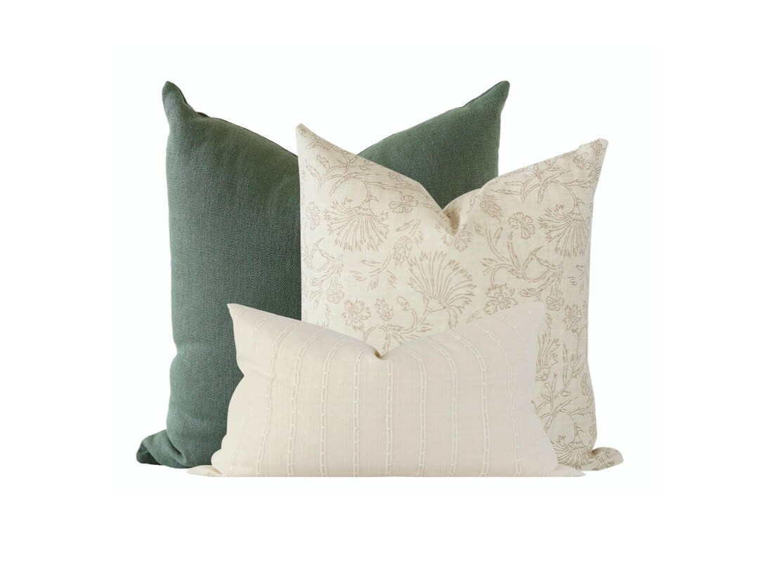 Earthy Pillow Cover Set: Green Linen, Floral Line Art, Cream Stripe - Etsy Bangladesh | Etsy (US)