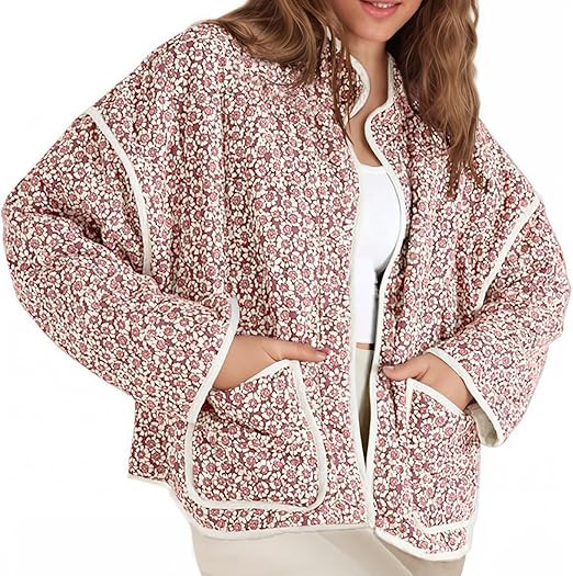 Tankaneo Womens Quilted Lightweight Jackets Floral Print Winter Coats Open Front Cardigan with Po... | Amazon (US)